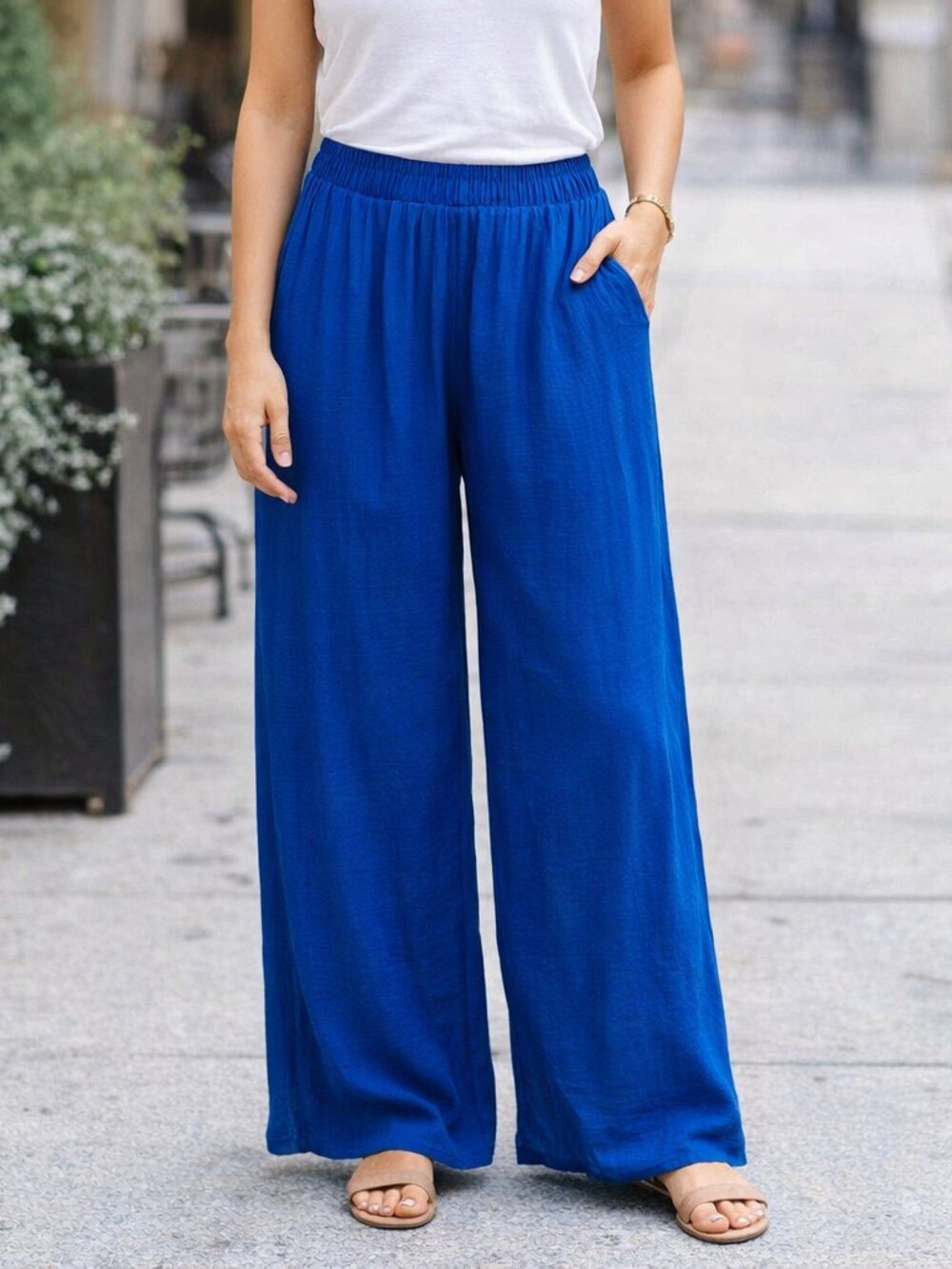 Zenana Minimalist Classic Blue Woven Crinkle Wide Flare Leg Pants with Pockets